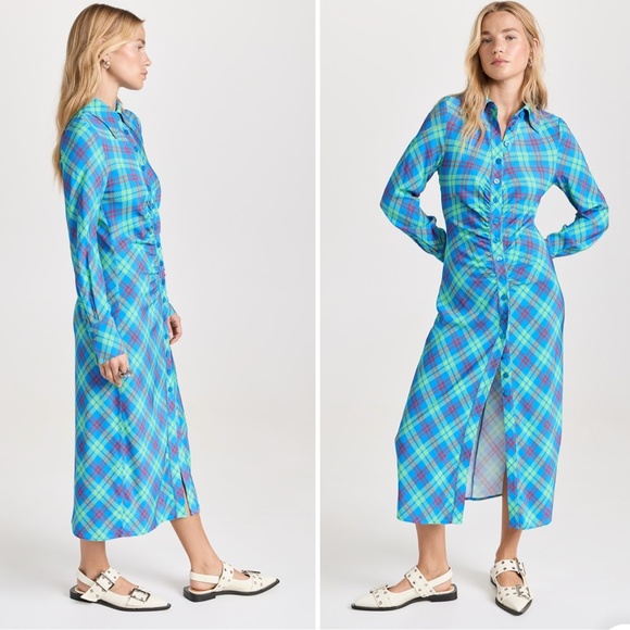 KITRI Lennox Blue Check Ruched Shirt Dress - Size Small - Picture 2 of 14